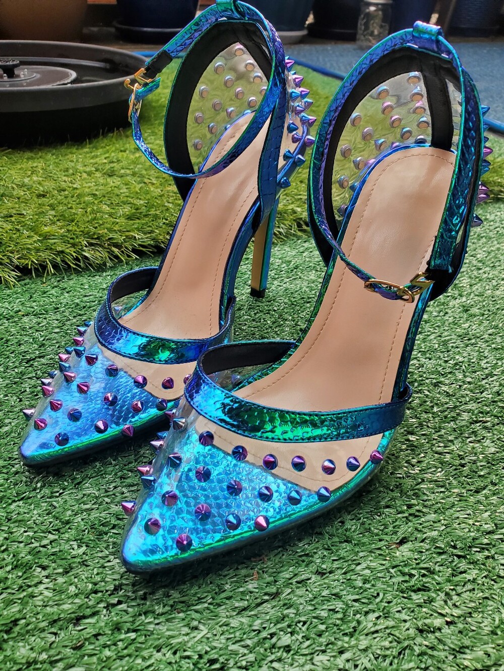 Iridescent Blue-Green Studded Ankle-Strap Stiletto Pumps - 4-1/2" Inch Heel Sz8